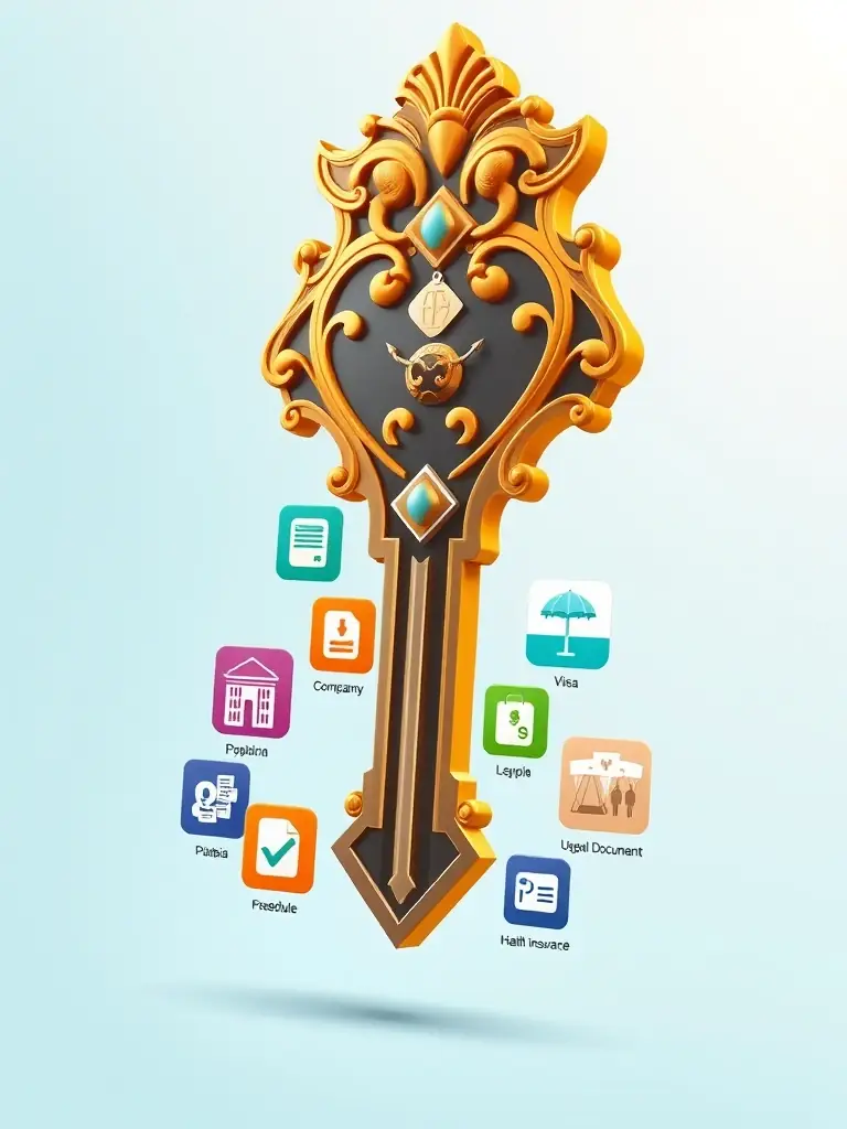 A digital illustration of a key unlocking various Dubai government service icons, symbolizing WRIA's role in providing access.