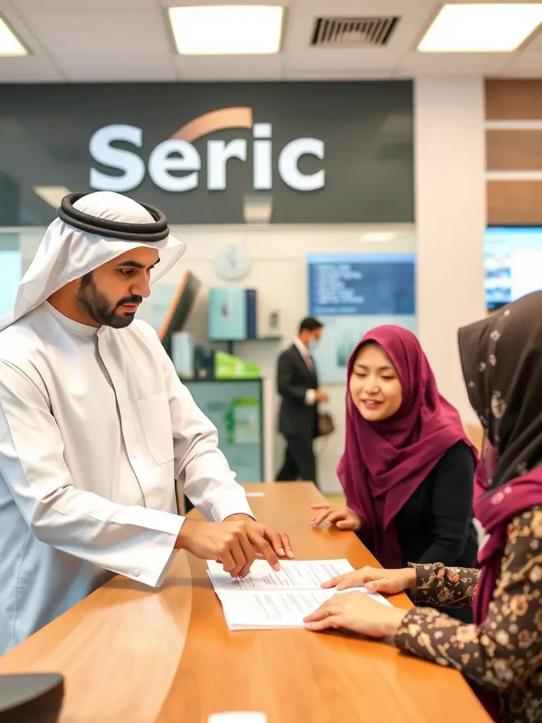 A professional photo of a UAE government official assisting a citizen with document processing at a modern service center in Dubai.