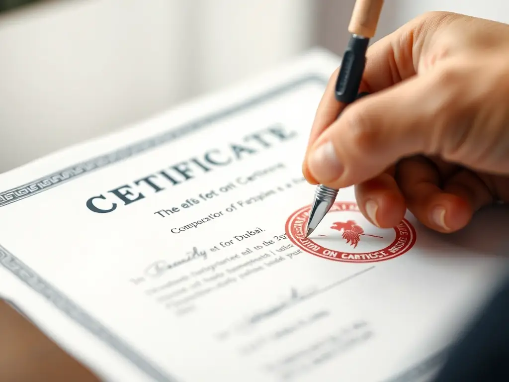 A close-up of a certificate being officially attested, highlighting the importance of proper attestation for legal validity in Dubai.