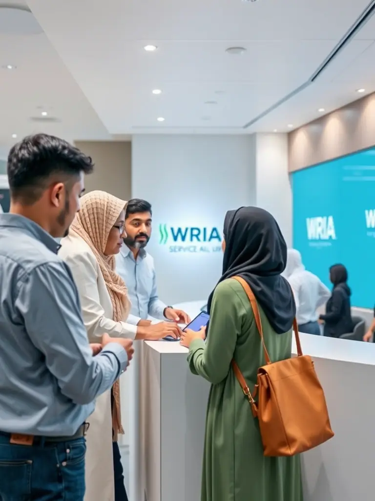 A diverse group of people receiving assistance at a WRIA service counter, showcasing the company's commitment to serving all residents and businesses.