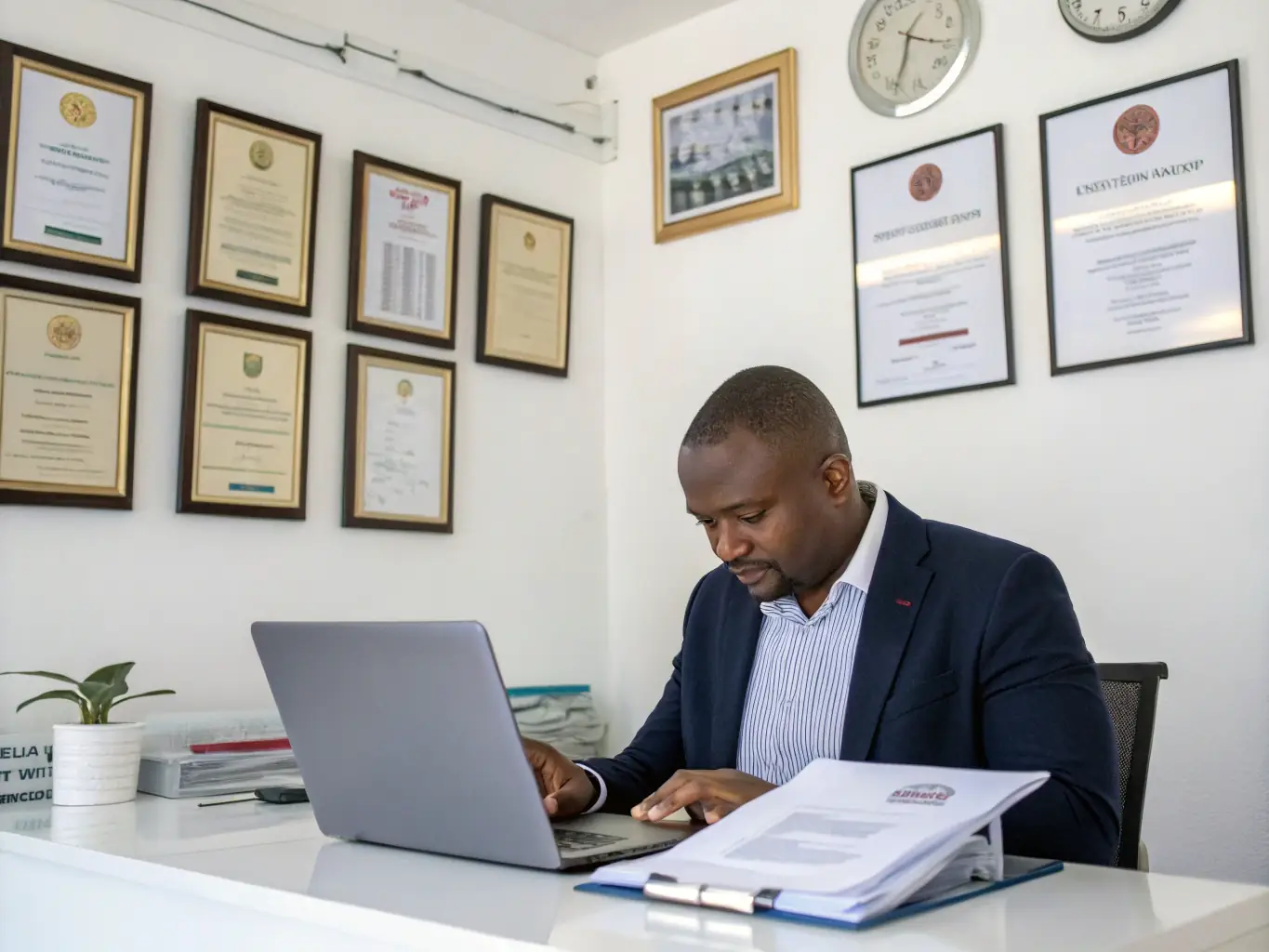 A professional office setting with a person assisting a client with document attestation, showcasing WRIA's expertise in handling official paperwork.