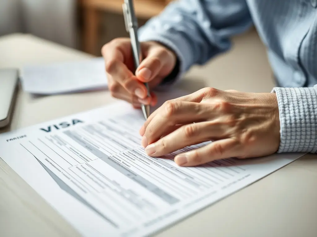 A person filling out a visa application form with various country flags in the background, representing WRIA's comprehensive visa services.