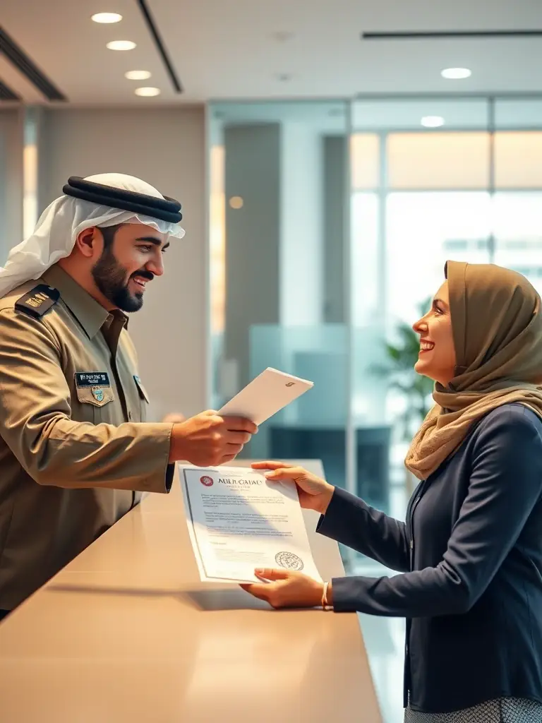 A close-up shot of official documents being stamped and processed, with the Dubai skyline subtly visible in the background.